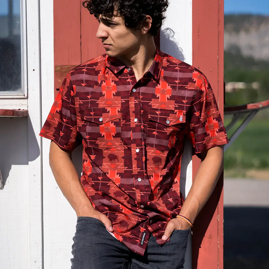 Raised by Coyotes | Buffalo Plaid Red Pearl Snap Shirt - Image 2